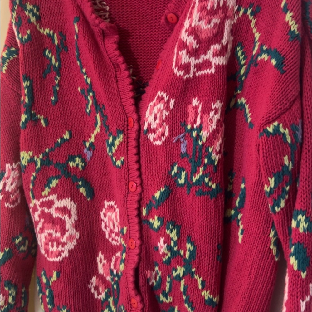 Floral Knit Cardigan Sweater - Pink